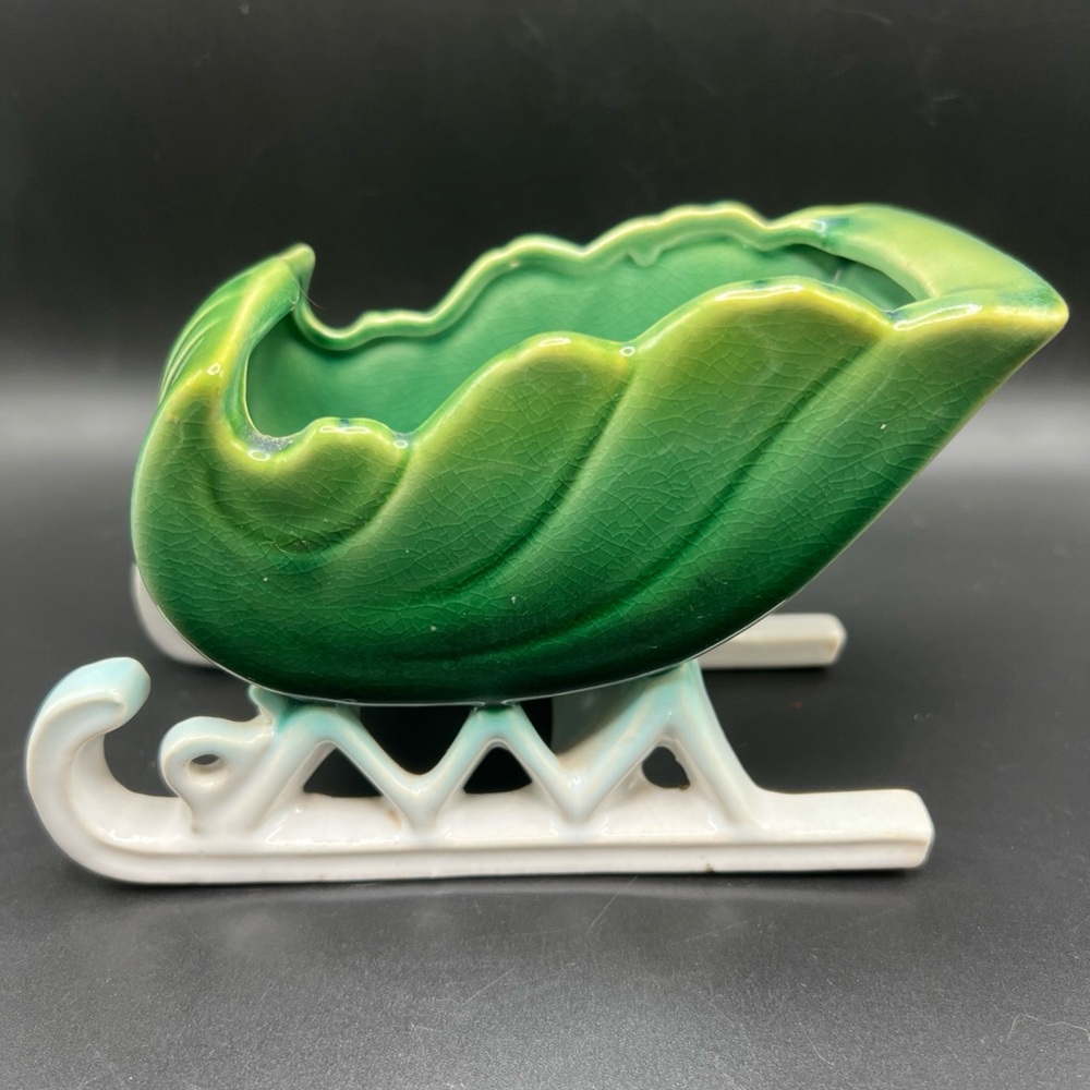 Vintage Christmas Napco Green Sleigh Vase Planter Japan Decor